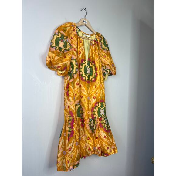 NWT Marie Oliver Elastic Neck Tiered Greta Dress Marigold Trellis Size: Small - Picture 3 of 9